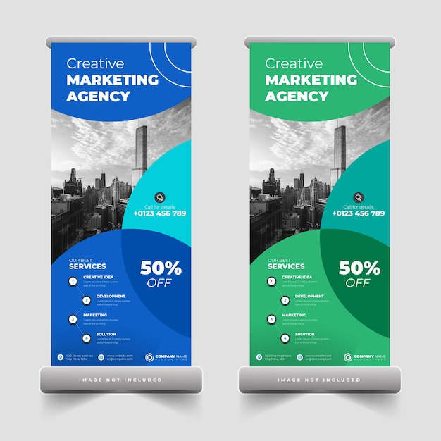 Zakelijk bureau roll-up banner of pull-up banner ontwerpsjabloon