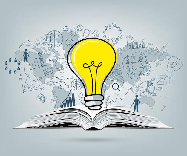 Zakelijk concept gloeilamp met zakelijk succes tekening strategie plan idee op open boek Vector