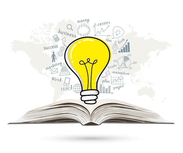 Zakelijk concept gloeilamp met zakelijk succes tekening strategie plan idee op open boek Vector