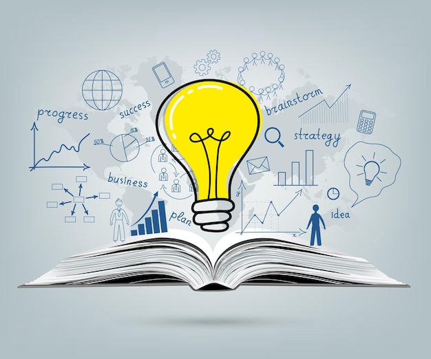 Zakelijk concept gloeilamp met zakelijk succes tekening strategie plan idee op open boek Vector