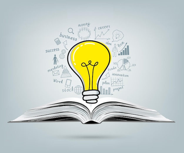 Zakelijk concept gloeilamp met zakelijk succes tekening strategie plan idee op open boek Vector