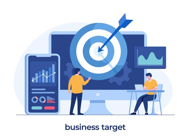 Vector zakelijk doelconcept, bedrijfsanalist, groepswerk, verwezenlijking, planning en strategie, pijltje, vlakke illustratievector
