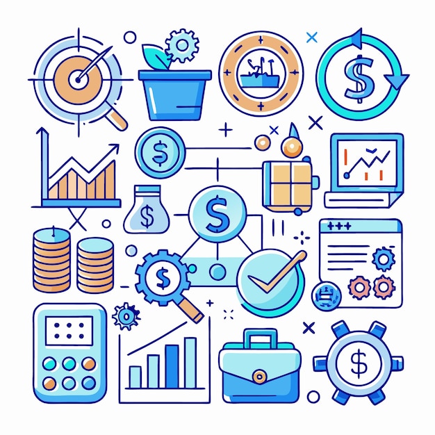 Zakelijk en financieel succes vertegenwoordigd door verschillende iconen, waaronder grafieken, dollartekens, tandwielen en een koffer.