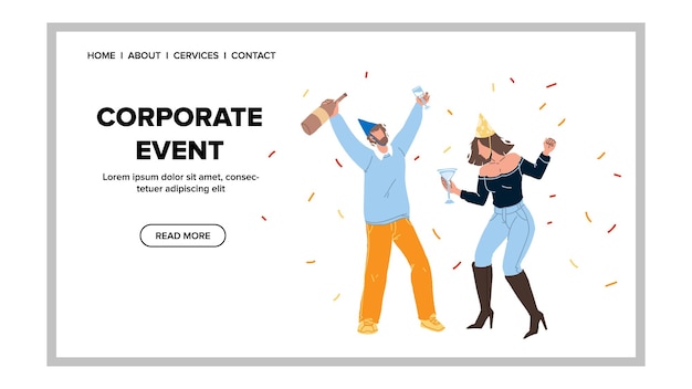 Zakelijk evenement bedrijf team viering vector. man en vrouw collega's die alcoholische dranken drinken en samen dansen op bedrijfsevenement. tekens office party web flat cartoon afbeelding