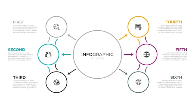 Vector zakelijk infographic dun lijnelement voor presentatie met 6 opties of stappen