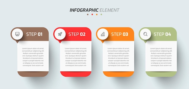 Zakelijk infographic sjabloon creatief ontwerp met rechthoek labelpictogram en 4 stappen voor presentatie