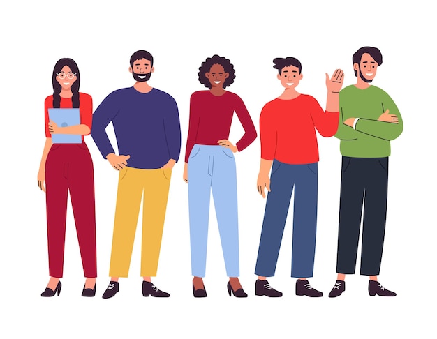 Zakelijk multinationaal team. Vectorillustratie van diverse cartoon mannen en vrouwen van verschillende rassen, leeftijden en lichaamstype in office outfits. Geïsoleerd op wit.