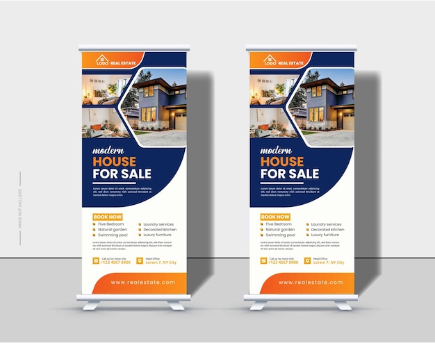 Vector zakelijk onroerend goed roll-up banner of pull-up banner ontwerpsjabloon premium vector