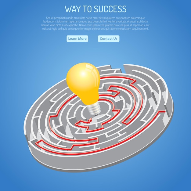 Zakelijk succes en zoeken naar ideeconcept met 3d cirkelvormig labyrint met oplossing en gloeilamp. vector illustratie