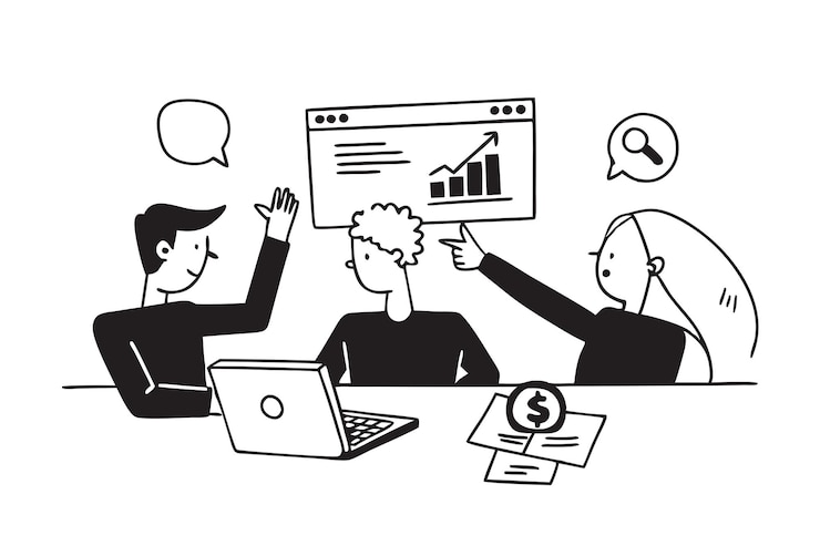 Vector zakelijk team bespreekt project zwart-wit doodle art vector platte illustratie