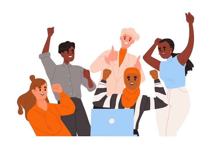 Vector zakelijk team viert succes gelukkige vrouwen en mannen kantoorwerkers in pakken bedrijfscultuur diverse team van werknemers bereikt doelen platte vector illustratie