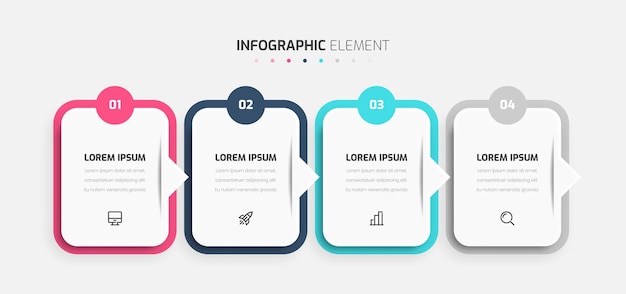 Zakelijk tijdlijn infographic ontwerp met rechthoekig label, pictogrammen en 4 cijfers voor presentatie