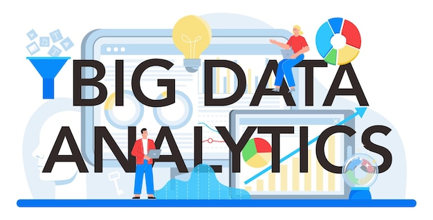 Zakelijke big data analytics typografische header Grafiek en grafiek diagram onderzoek cloud technologie Rapport maken voor optimalisatie Platte vectorillustratie