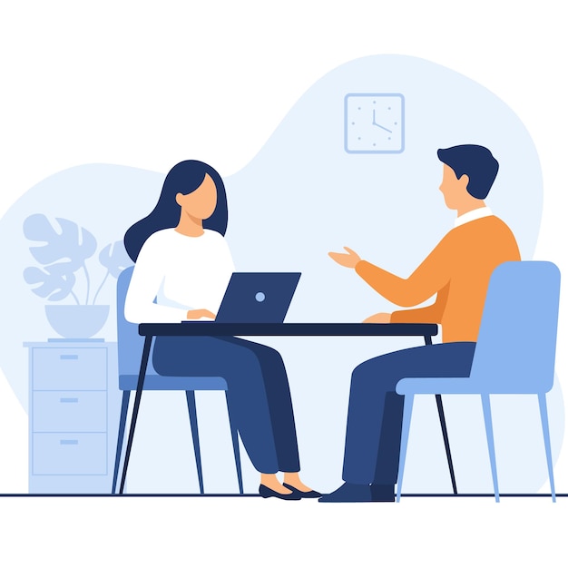 Zakelijke bijeenkomst Discussie tussen man en vrouw aan kantoor tafel Vector illustratie