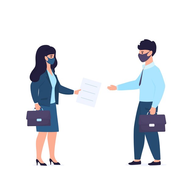 Zakelijke bijeenkomst tijdens quarantaine. kantoorpersoneel in beschermende maskers. zakenvrouw biedt contract aan de mens.