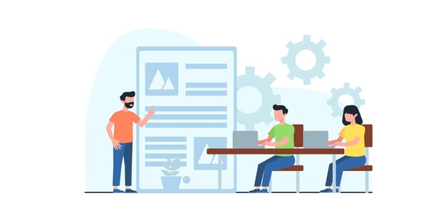 Zakelijke bijeenkomst vlakke afbeelding. Concept van zakelijke workflow, tijdbeheer, planning, taak-app, teamwork. Creatief plat ontwerp voor webbanner, marketingmateriaal, bedrijfspresentatie