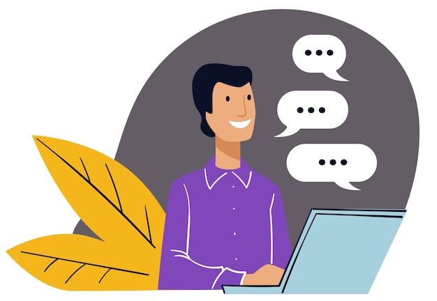 Zakelijke communicatie met klanten en klanten. Man aan het werk in kantoor zittend op de computer, werkruimte van mannelijk karakter. Discussies en correspondentie via e-mail. Vector in vlakke stijl