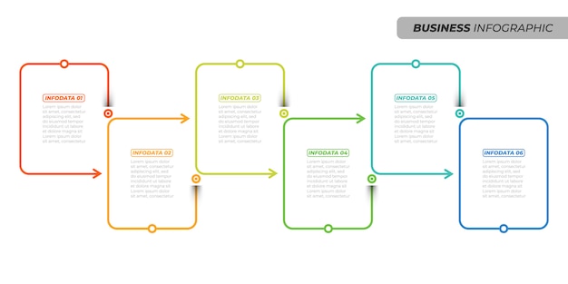 Zakelijke creatief ontwerp lineaire infographic sjabloon. Tijdlijnproces met 6 opties, pijlen, dozen. Vector illustratie