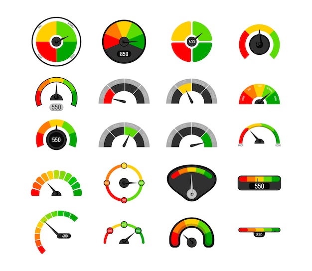 Vector zakelijke credit score snelheidsmeters cartoon afbeelding instellen. indicatoren met kleurblokken van rood naar groen, klanttevredenheid over service. evaluatie, meetwaardemeterconcept