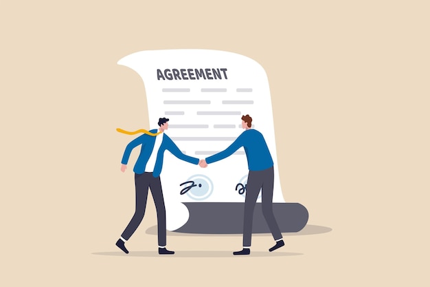 Zakelijke deal overeenkomst of samenwerking document contract of succes onderhandeling uitvoerend handshaking concept zakenman partner mensen hand schudden na ondertekening zakelijke overeenkomst document