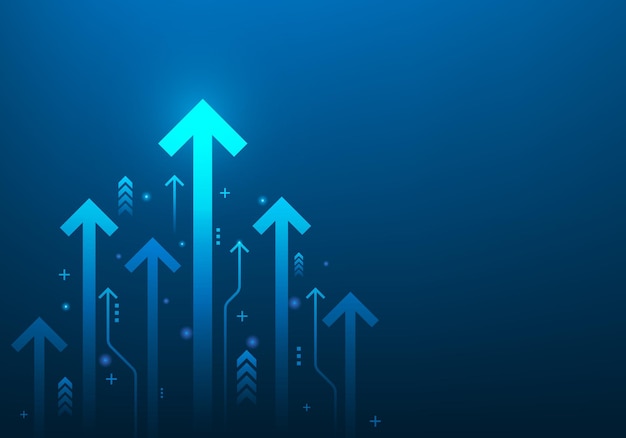 Zakelijke digitale pijlen tot doel op blauwe donkere achtergrond rendement investeringsgrafiek visie.