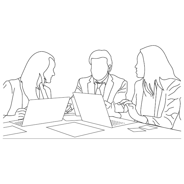 Vector zakelijke discussie tussen werknemers in het kantoor met de hand getekende vectorillustratie lijnkunst
