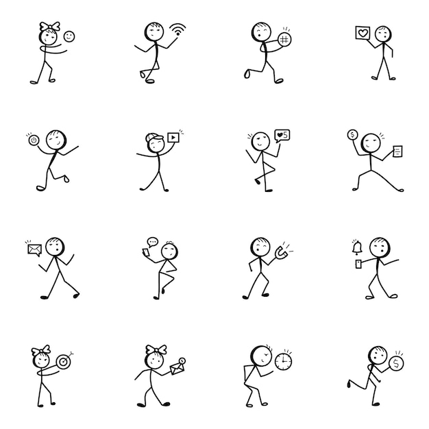 Vector zakelijke en media doodle stick figure-pictogrammen