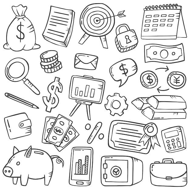 Zakelijke financiën doodle hand getrokken set collecties met overzicht zwart-wit stijl vectorillustratie