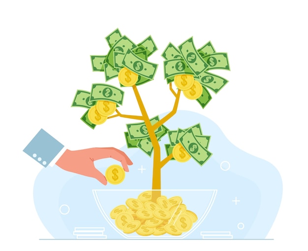 Vector zakelijke handen geld groeiende boom en hand met gouden bloemen munten en dollar contant geld succesvolle investering en contante winst vermenigvuldiging strategie rijkdom en succes vector concept