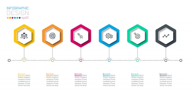 Zakelijke hexagon-labels vormen een infographic-groepenbalk.