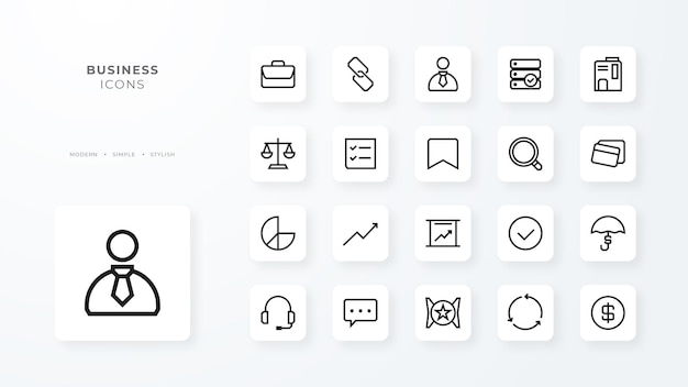 Zakelijke iconen collectie met zwarte omtrek stijl geld technologie financiën idee strategie teamwerk beheer vectorillustratie
