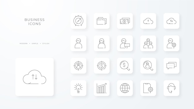 Zakelijke iconen collectie met zwarte omtrek stijl geld technologie financiën idee strategie teamwerk beheer vectorillustratie