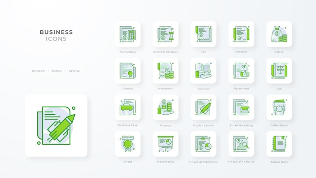 Zakelijke icoon collectie met groene duotone stijl Zakelijke valuta database ontwikkeling ontdek document e commerce Vector illustratie