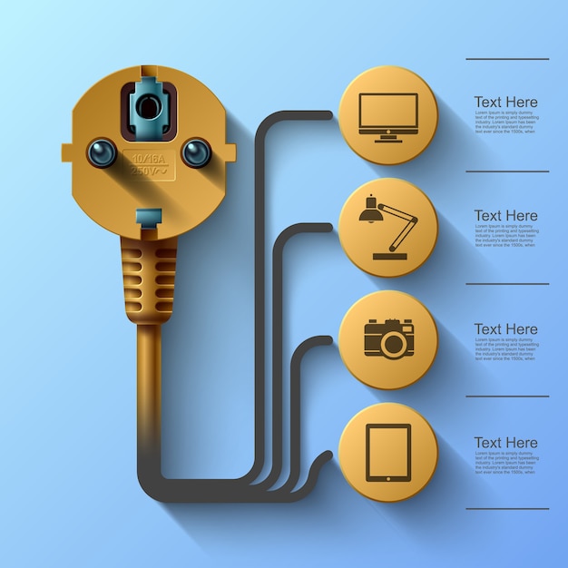 Zakelijke info graphics, elektrische stekker, vierkant met informatie sectoren onder, illustratie