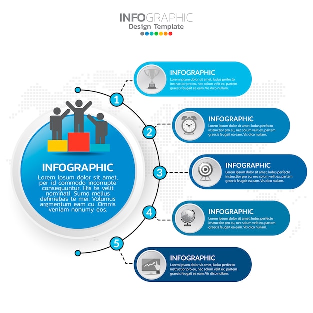 Zakelijke infographic elementen met 5 opties of stappen blauw thema.