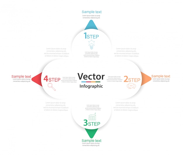 Zakelijke infographic met vier ronde papieren witte elementen met pijlen of wijzers