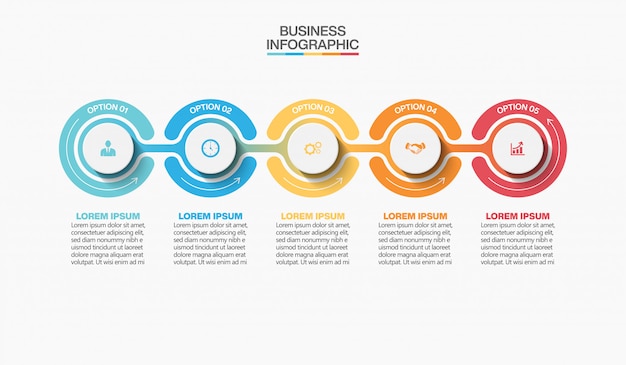 Zakelijke infographic presentatiesjabloon met vijf opties.