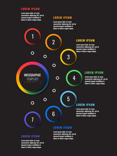 zakelijke infographic sjabloon met zeven ronde realistische elementen op een zwarte achtergrond