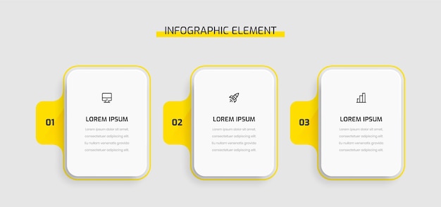 Zakelijke infographic sjabloon presentatie rechthoek label met gele kleur 3 cijfers en pictogrammen