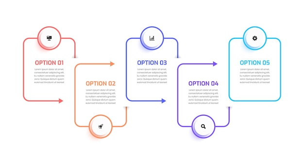Zakelijke infographic sjabloon Rechthoek dunne lijn met cirkel label pijlpictogram en 5 optie