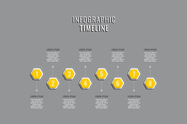 Zakelijke infographic tijdlijnsjabloon met gele zeshoekige elementen op een grijze achtergrond