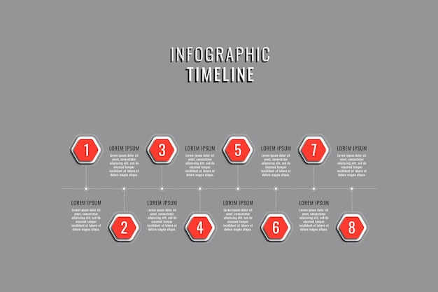Zakelijke infographic tijdlijnsjabloon met rode zeshoekige elementen op een grijze achtergrond