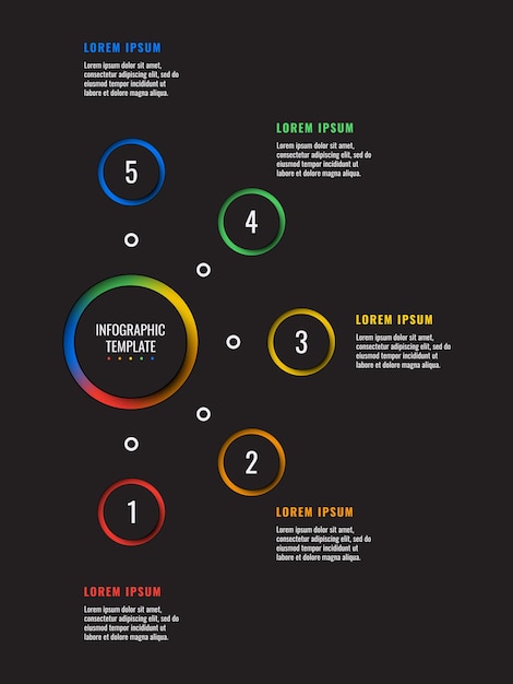 Zakelijke infographic verticale sjabloon met vijf ronde veelkleurige elementen op een zwarte achtergrond