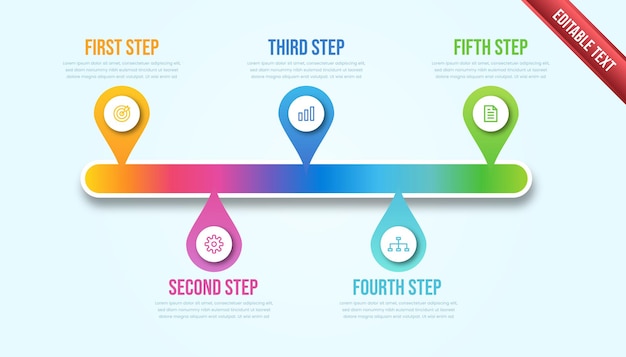 Zakelijke infographic vijf stappen. Kleurrijke moderne tijdlijn infographic sjabloon.