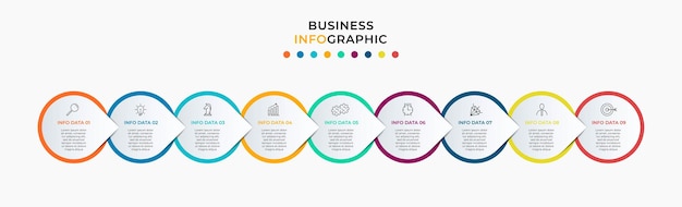 Zakelijke Infographics-sjabloon Tijdlijn met 9-stappenopties en marketingpictogrammen