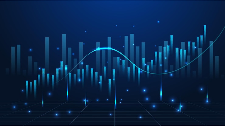 Zakelijke kaars stick grafiek grafiek van beurs investeringen handel op blauwe achtergrond Bullish punt omhoog trend van grafiek economie vector design
