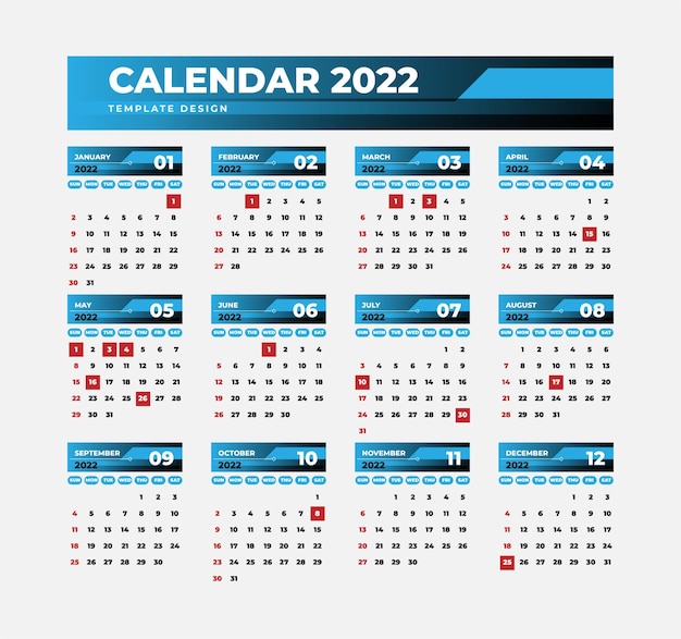 zakelijke kalender 2022 sjabloon met blauwe kleuren