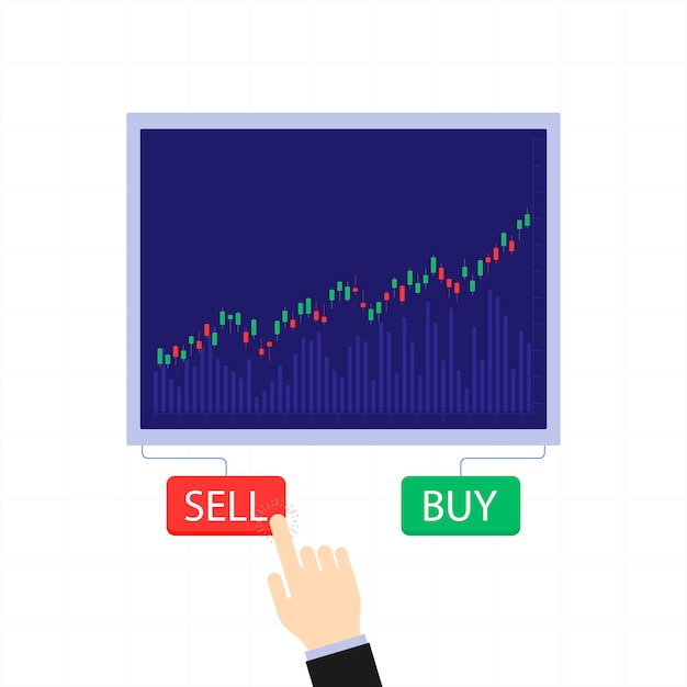 Vector zakelijke kandelaargrafiek met koop- en verkoopknoppen. beurs en handel uitwisseling vector concept. illustratie van zakelijke handelaar, financiële aandelenmarkt.