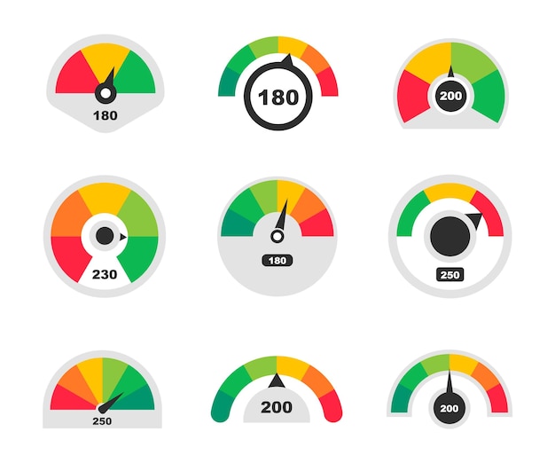 Vector zakelijke kredietscore-indicatoren snelheidsmeterpictogrammen