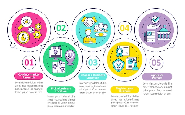 Zakelijke lancering proces vector infographic sjabloon. opstartpresentatie overzicht ontwerpelementen. datavisualisatie in 5 stappen. proces tijdlijn info grafiek. workflowlay-out met lijnpictogrammen